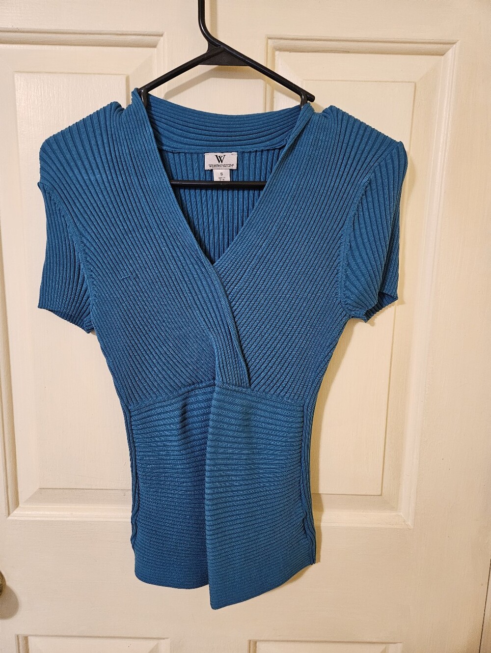 Worthington Teal Ribbed V-Neck Short Sleeve Wrap Top